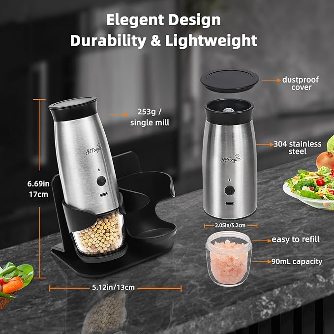 Electric Salt and Pepper Grinder Set with Safe Base, Automatic Mill by Gravity,Adjustable Coarseness with LED,Larger Rechargeable Battery,Easy filling,2 Pack Kitchen Tools