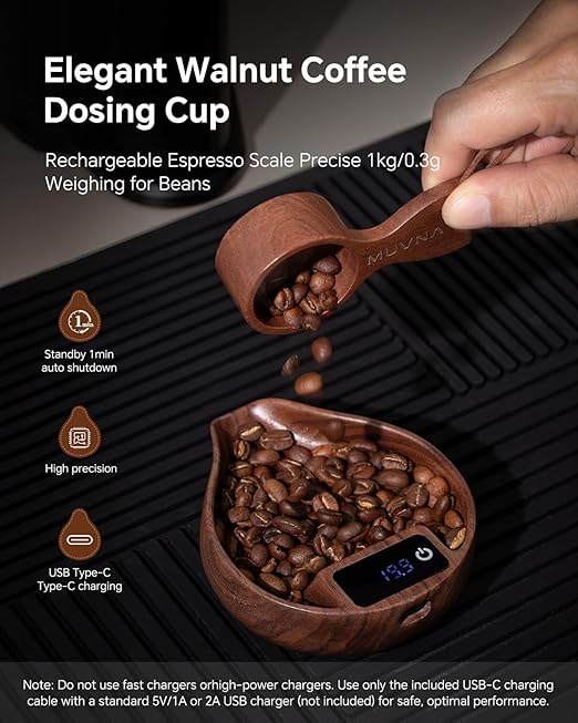 Walnut Coffee Bean Scale and Spray Bottle Kit - MUVNA Mini Rechargeable 0.1 Precision Dosing Tray Walnut Wood with LED Display for Espresso, Tea, Kitchen Spice