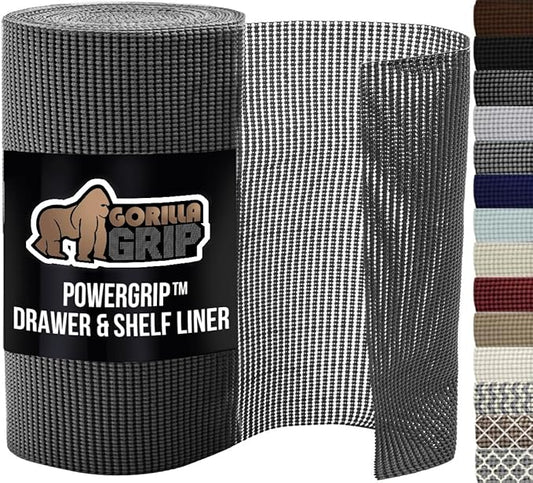 GORILLA GRIP powerGRIP Drawer Shelf and Cabinet Liner, Thick Strong Hold, Non-Adhesive Liners Protect Kitchen Cabinets and Cupboard, Bathroom Drawers, Easy Install, Breathable Mat, 12" x10', Charcoal