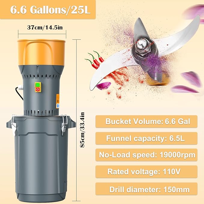 25L Electric Grain Mill Grinder, Corn Mill, Flour Mills Molino de Maiz, Farm Home Grinder for Feed, Wheat With 7 Size Filters + 1 Wrench