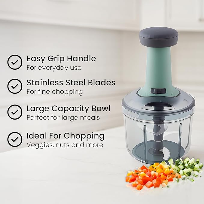 Anjali Food Chopper, Deluxe Large Handheld Vegetable Chopper for Onion, Garlic, Nuts & More | Manual Push Cutter with Stainless Steel Blades | Dishwasher-Safe