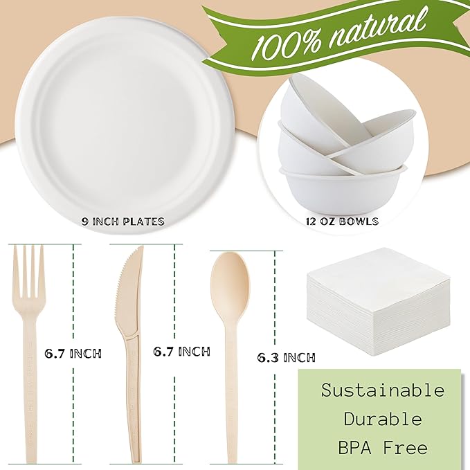 300pcs Compostable Paper Plates Set - Heavy-Duty Biodegradable Plates, Bowls & Cutlery - Ideal for Parties, Weddings, Picnics, Camping - Eco-friendly, Safe, BPA Free, Microwave Safe