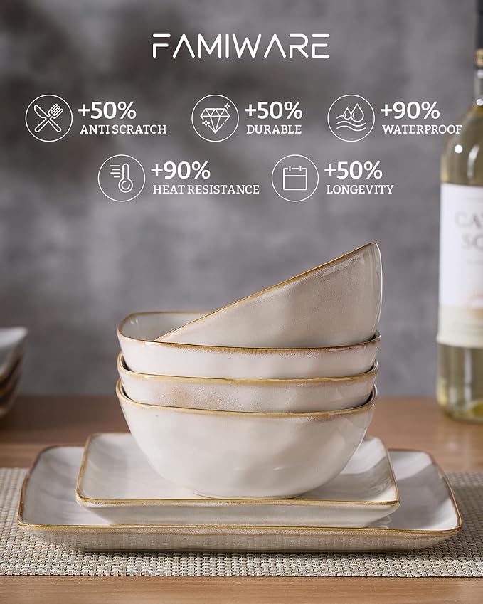 Famiware Ocean Square Plates and Bowls Set, 18 Pieces Dinnerware Sets, Dishes Set for 6, Microwave and Dishwasher Safe, Scratch Resistant, Cappuccino White
