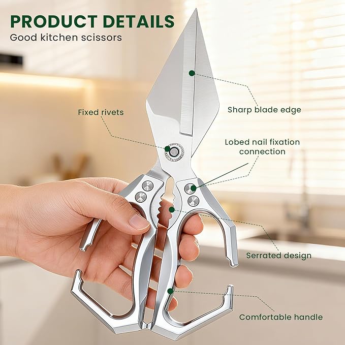 Heavy Duty Kitchen Scissors All purpose, poultry shears for food Cutting Meat, Chicken, Bones, Seafood, Herbs, Nuts, Packages, Culinary scissors with Ergonomic Handle Silver