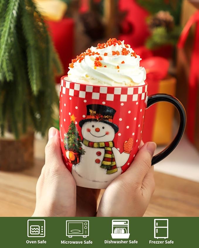 HASENSE Christmas Coffee Mugs Set of 6,15oz Ceramic Mug Gift, Matching Xmas Holiday Cups with Handles for Hot Cocoa,Coffee,Christmas Gifts for Women,Family, Friends