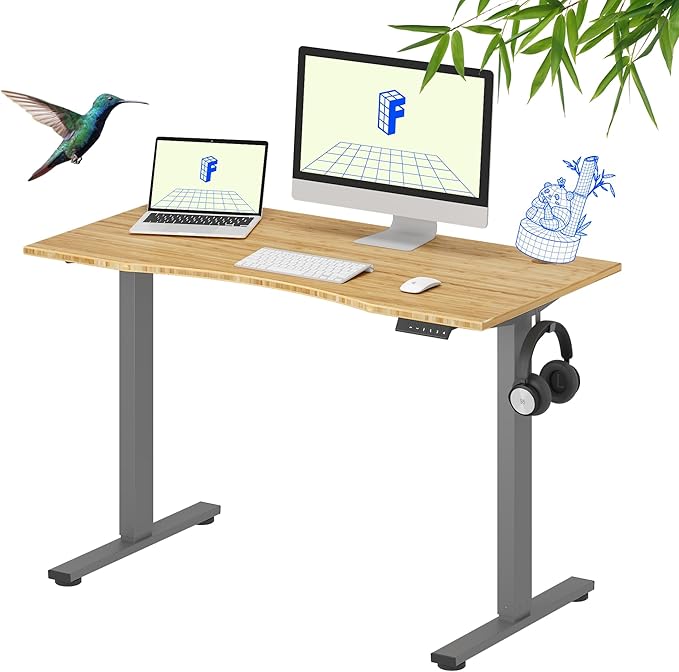 FLEXISPOT EN1 Bamboo Standing Desk, 48 x 24 Inches One-Piece Electric Height Adjustable Desk for Home Office (Silver Frame + Bamboo Curved Desktop, 2 Packages)