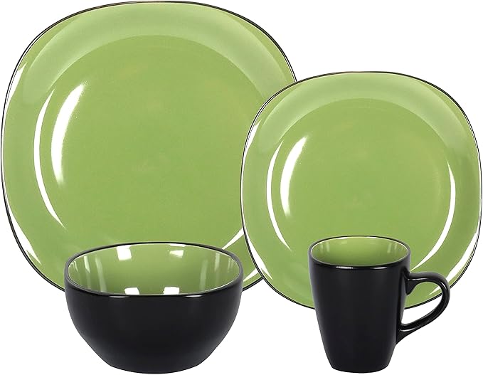 Stoneware Square 16pc Dinnerware Set, Inside Siny Green and Outside Matte Black