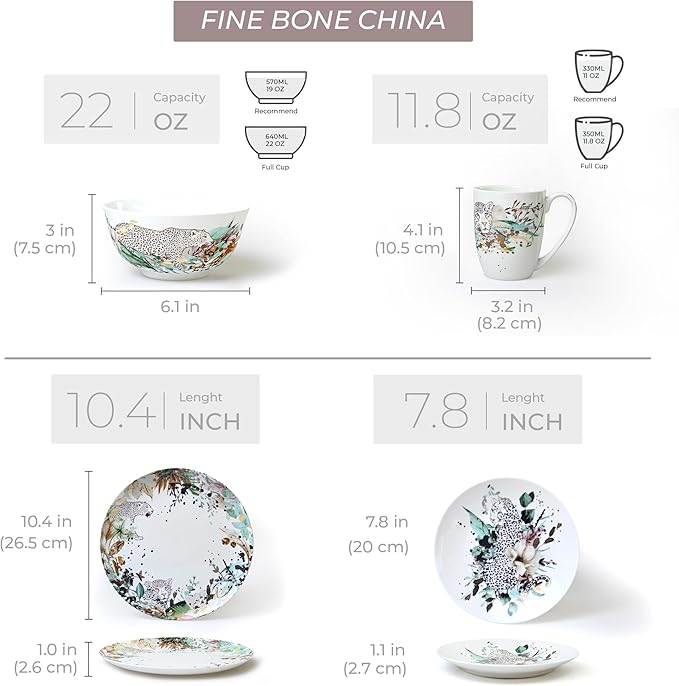 Jungle Plates and Bowls Sets Dishes Set for 4, Ceramic Plates and Bowls Set, Service for 4, Bone China Dinnerware Set Salad Dessert Plates, and Cereal Bowls Set, Microwave safe by KOKEN
