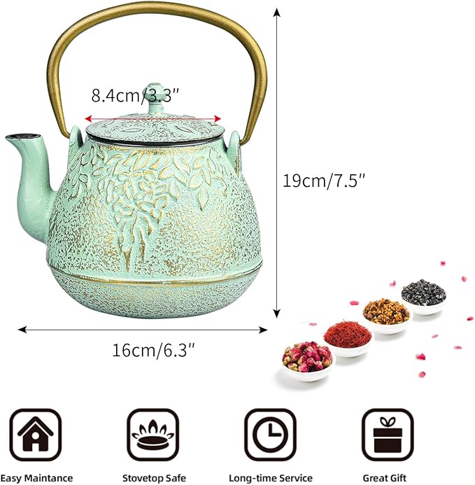 Sungmor Cast Iron Japanese Tetsubin Tea Kettle with Infuser - Stovetop Safe, Enameled Interior - 32 Ounce Light Green Teapot with Salix Leaf Pattern