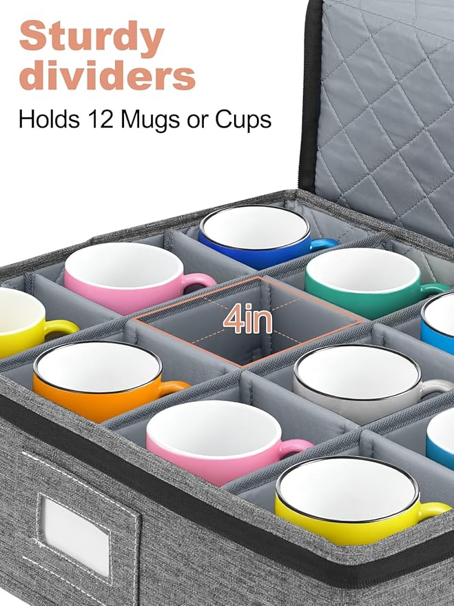 Cirhy Reinforced China Storage Containers, 5-Piece Dinnerware & Mug Organizer Set with Quilted Padding and Felt Dividers, Stackable Boxes for Dishes, Cups & Fine China, Ideal for Moving and Kitchen