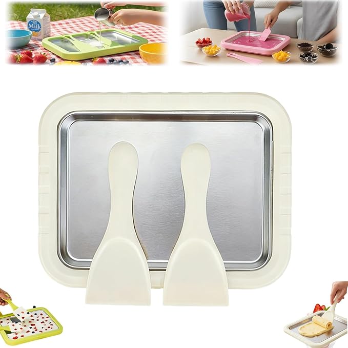 Rolled Ice Cream Maker Kit, New At-Home Stainless Steel Instant Freeze Plate with 2 Scrapers,DIY Rolled Ice Cream Tray Instant Ice Cream Maker (White-1PC)
