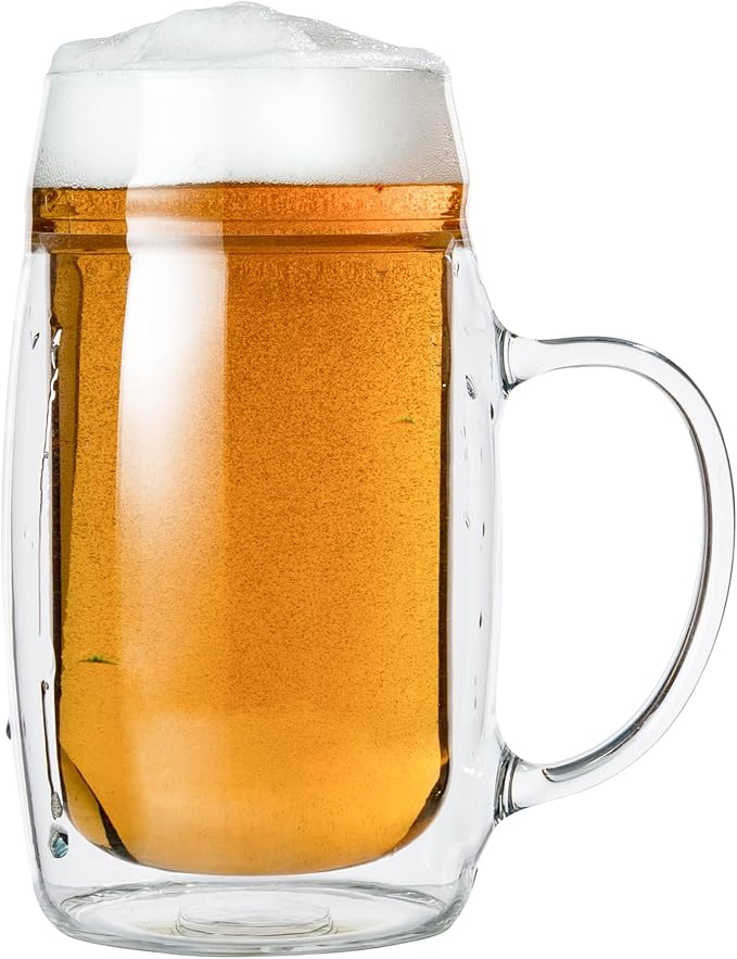 SIMAX Beer Mugs For Men, Set of 4 Double Walled Glass Beer Mug, Large Size 17 Ounce Freezable Beer Glasses, Pint Beer Mugs & Steins with Handles, Insulated Beer Glasses, Beer Mugs for Freezer