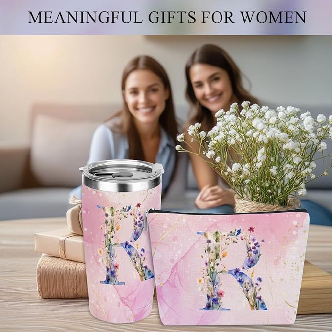 Personalized Gifts Monogrammed Birthday Gifts for Women, New Mom, Grandma Thank You Christmas, Initial 20 oz Tumbler, Makeup Cosmetic Bag Cup Pens Journal Notebook 6 Set, (Aesthetic Pink Flower R)