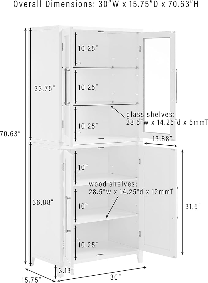Crosley Furniture Roarke 3-Piece Modern Glass Door Sideboard Buffet Cabinet and Kitchen Storage Pantry Set, White