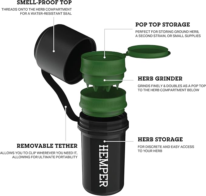 Hemper Keeper 3‑in‑1 Herb Grinder with Dual Storage Container - Smell‑Proof, Airtight & Water‑Resistant - Built‑In Removable Grinder, Dual Compartments for Flower & Ground - (Red)