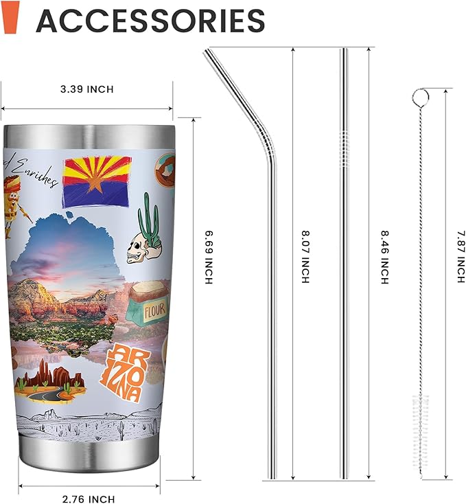 20oz Insulated Tumbler Arizona State Coffee Mug, United States Map Travel Mug Landmark, Birthday Gifts Cute Custom Tumbler Cups with Lid and Straw Mothers Day Gifts