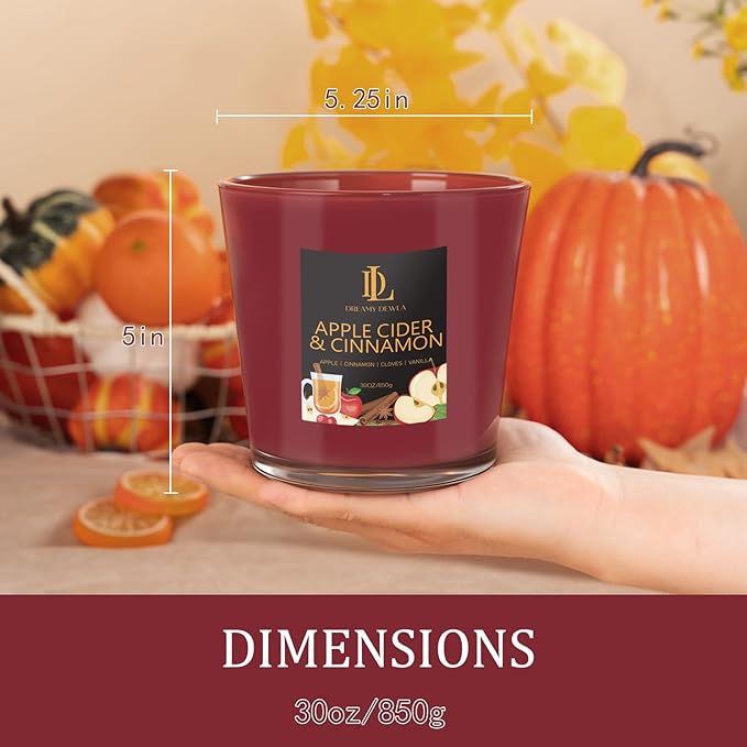 Large Fall Candle Apple Cider & Cinnamon Scented, 4 Wick Natural Soy Candles for Home Scented, 30oz Big Autumn Candle Long Lasting, Home Aromatherapy Candles Housewarming Gift for Women Men