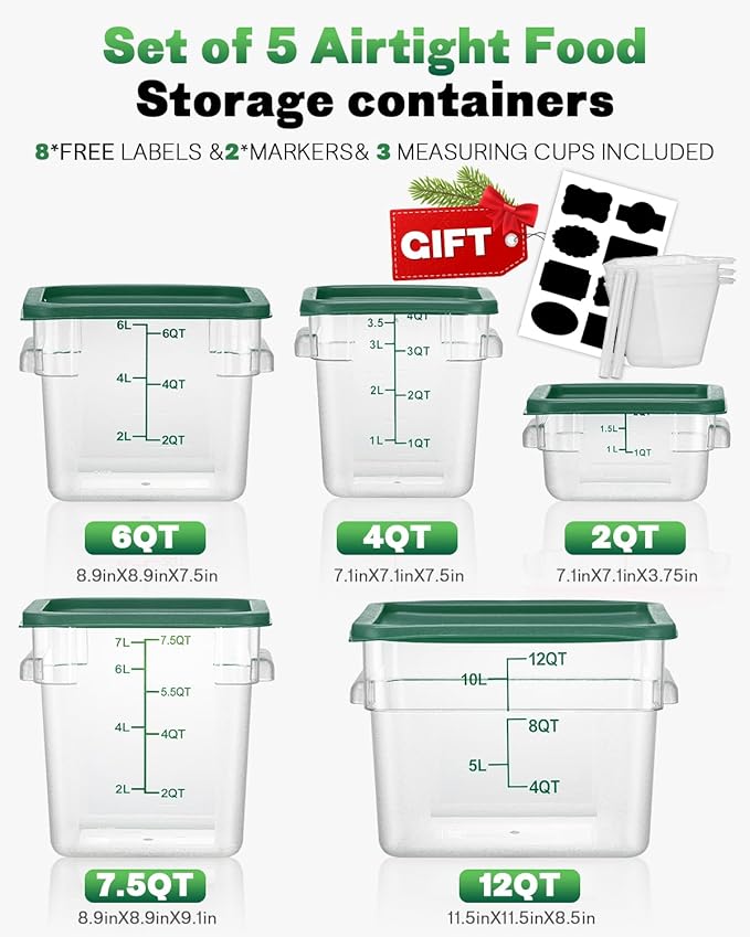 12QT NSF Food Storage Containers: 2 PCS [Food Grade][Hot&Cold Resistant] Commercial Clear Square Food Storage Containers with Scales Handles for Home Restaurant Kitchen Proof Dough(BPA FREE-GREEN N1)