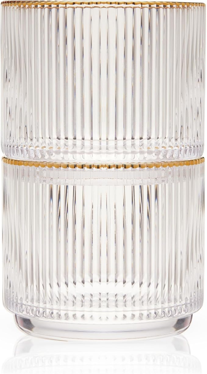 Viski Meridian Crystal Lowball Tumblers, Art Deco Whiskey Glasses, Crystal Scotch Glasses, Old Fashioned Glasses, Ribbed Glassware 12oz Set of 2