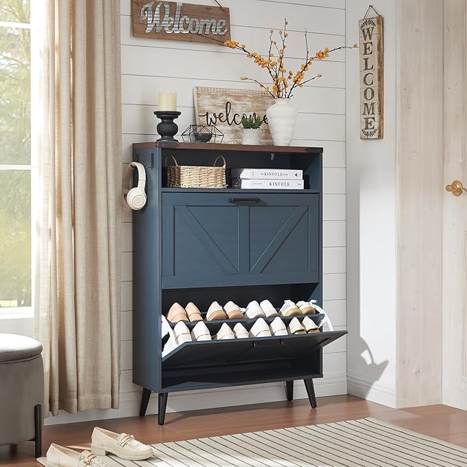 Shoe Storage Cabinet,Farmhouse Shoe Organizer with 2 Flip Drawers & Barn Door Design,Freestanding Hidden Slim Narrow Shoe Rack Cabinet with Open Storage for Entryway, Foyer,Hallway,Navy Blue