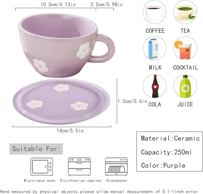 Coffee Mugs Set with Saucer Cute Purple Flowers Cup Gifts for Women for Birthday Tea Coffee Mug Saucer 250 ML Ceramic Cup Birthday Gift for Women Girls Mom Friend Coffee Mug aucer Set