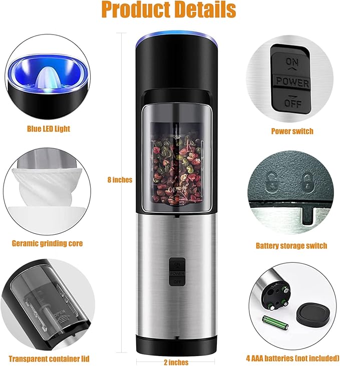 DERGUAM Gravity Electric Salt and Pepper Grinder Set, Stainless Steel Automatic Pepper and Salt Mill Grinder, Salt Grinder Spice Grinder with Adjustable Coarseness and LED Blue Light, Battery Powered