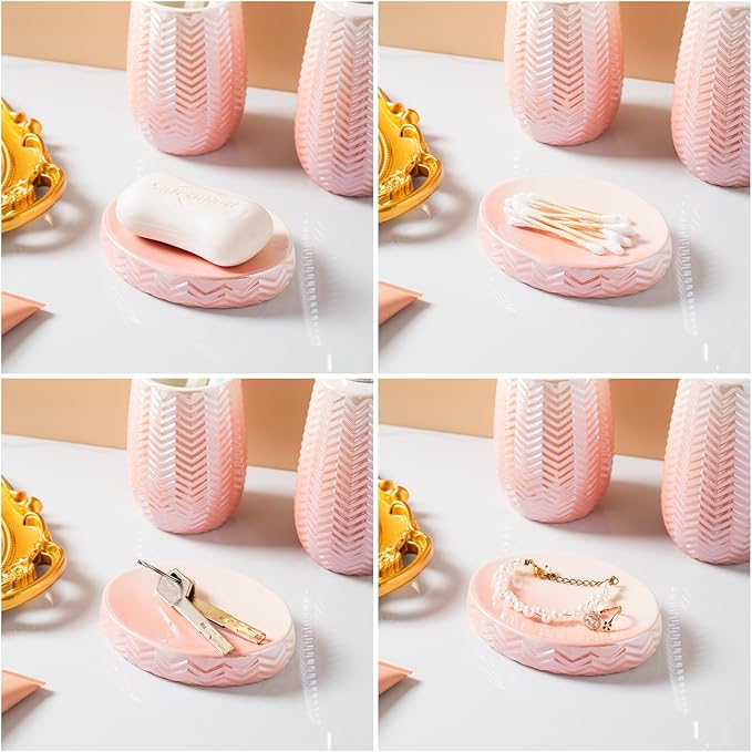 Pink Bathroom Accessories Set, 3 Pcs Ceramic Bathroom Decor Contain Toothbrush Holder,Soap Dispenser, and Soap Dish.