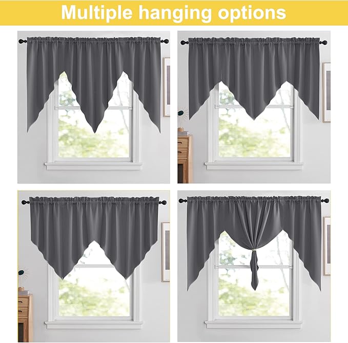 NICETOWN Rustic Kitchen Swag Curtain Valances, Breathable Rod Pocket Blackout Window Tiers, Soft Farmhouse Window Decor for Cafe, Living Room (2 Panels, Grey, Each Panel 36" Wide x 45" Long)