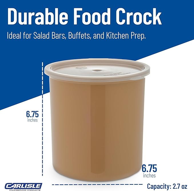 Carlisle FoodService Products Classic Round Storage Container Crock with Lid for Kitchen, Restaurants, Home, Plastic, 2.7 Quarts, Beige, (Pack of 6)