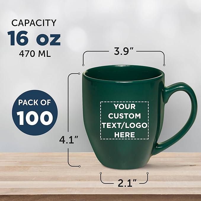 Custom Large Coffee Cups 16 oz. Set of 100, Personalized Bulk Pack - Perfect for Tea, Espresso, Cappuccino, Hot Cocoa - Green