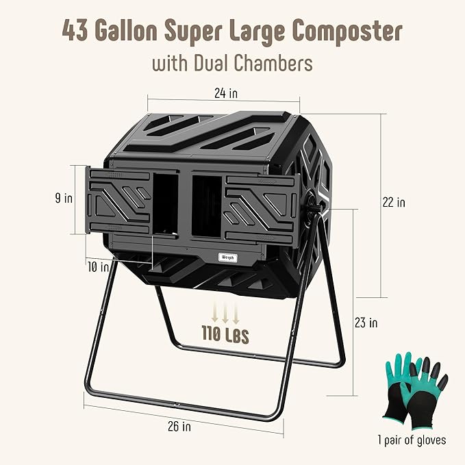 43 Gallon Compost Bin with Gloves, Fast Assembly & Easy Setup Outdoor Compost Tumbler, Updated Dual Chamber Tumbling Composter for for Garden, Kitchen, and Yard Waste, Black