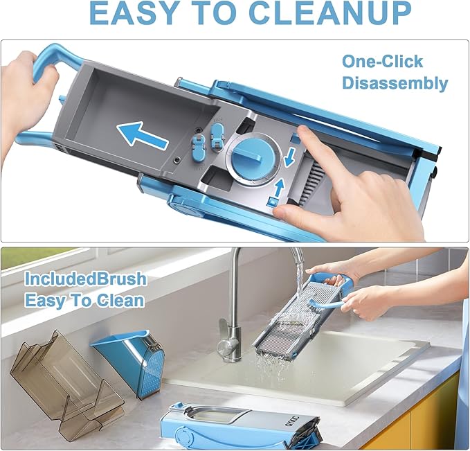 Upgrade Safe Mandoline Slicer for Kitchen, Vegetable Chopper Food Cutter, Potato Slicer Thickness Adjuster, French Fry Cutter, Veggie Dicer Faster With Spiralizerfor Meal Prep Blue