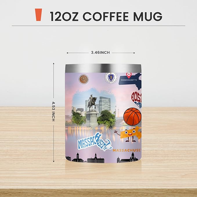 12oz Coffee Mug Massachusetts State Insulated Coffee Cups, United States Map Travel Mug Landmark, Birthday Gifts Cute Mugs with Lid and Straw Mothers Day Gifts