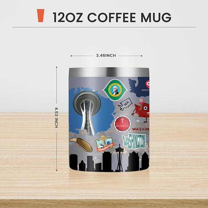 12oz Coffee Mug Washington State Insulated Coffee Cups, United States Map Travel Mug Landmark, Birthday Gifts Cute Mugs with Lid and Straw Gifts for Mom