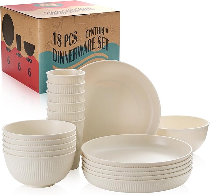 Cythia Dinnerware Sets for 6 Plastic Plates and Bowls Sets Reusable 18 Pcs Kitchen Dishes Set Dinner Camping Plates Cereal Bowls Cups Microwave Unbreakable Tableware Set For Picnic Party