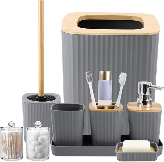 Grey Bathroom Accessories Set, 9 Piece Gray Bathroom Set, Bathroom Accessory Sets Compelete with Trash Can, Toothbrush Holder, Cup, Lotion Dispenser, Tray, Soap Dish, Toilet Brush, Qtip Holders