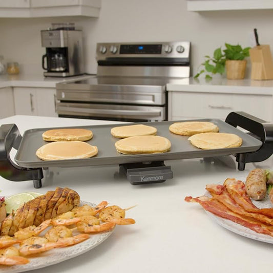 Kenmore Electric Griddle - Nonstick 10x18" Pan, External Temperature Control, Grill Bacon, Eggs, Pancakes, Crepes, Tortillas, Easy Clean Countertop Cooking Kitchen Appliance Removable Drip Tray