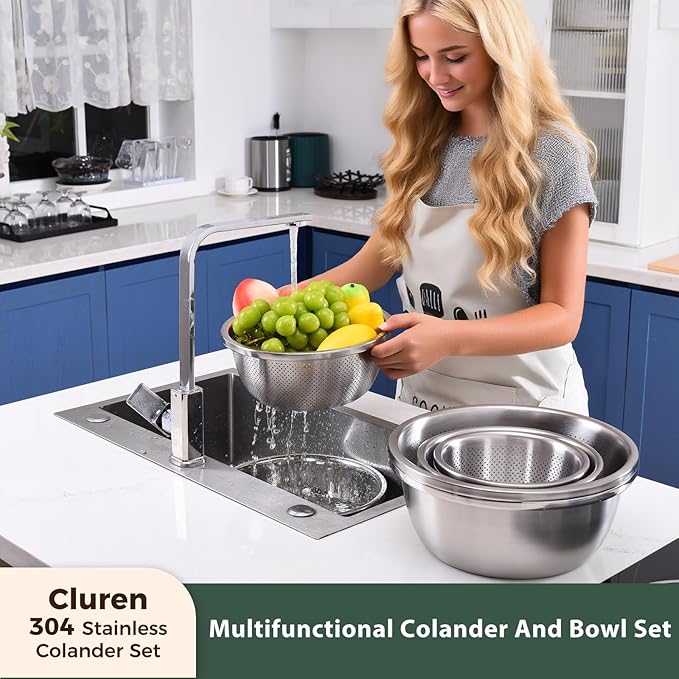 Colander and Bowl Set 3.1QT (2-in-1) - Thickened 304 Stainless Steel Kitchen Strainer Bowl for Fruit, Pasta, Vegetables, Rice - Heavy Duty, Induction Cooker & Dishwasher Safe