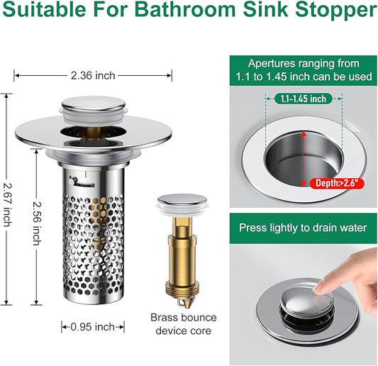 Bathroom Sink Drain Strainer,Pop-Up Sink Stopper Hair Catcher, Anti-Clog Stainless Steel Drain Filter Basket, Removable Sink Drain for Bathroom Sink Stopper Replacement (Silver-1)
