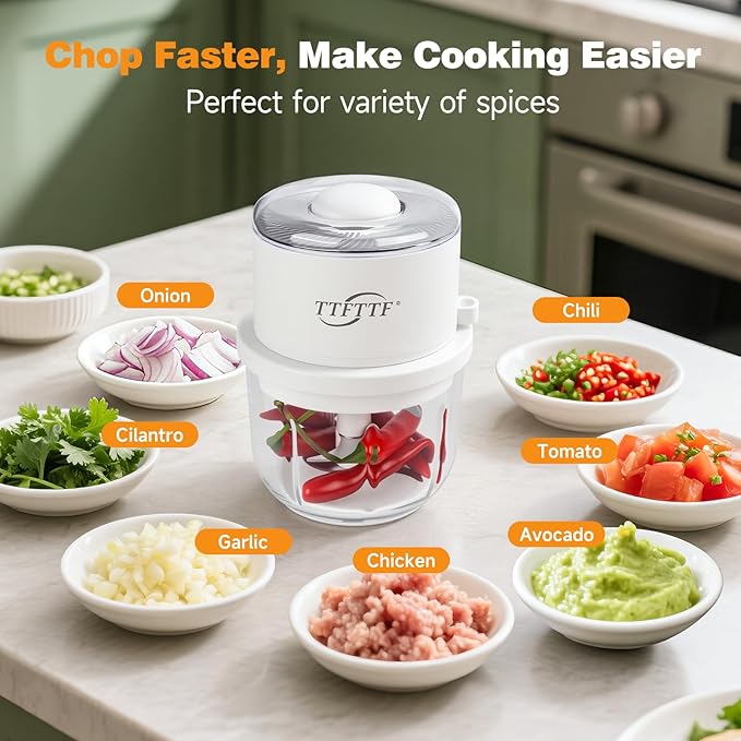 Electric Garlic Chopper, 350ML Glass Bowl Mini Food Processor, Portable Veggie Chopper Onion Garlic Grinder, Wireless Blender for Ginger, Chili, Fruit, Meat, etc