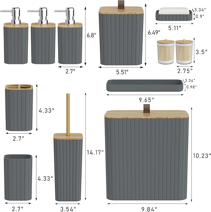 Bathroom Accessory Set - Grey Bathroom Set, 12PC Bathroom Accessories Set, Grey Bathroom Accessories Set, Mini Trash Can, Toilet Brush, Trash Can & Soap Dispenser