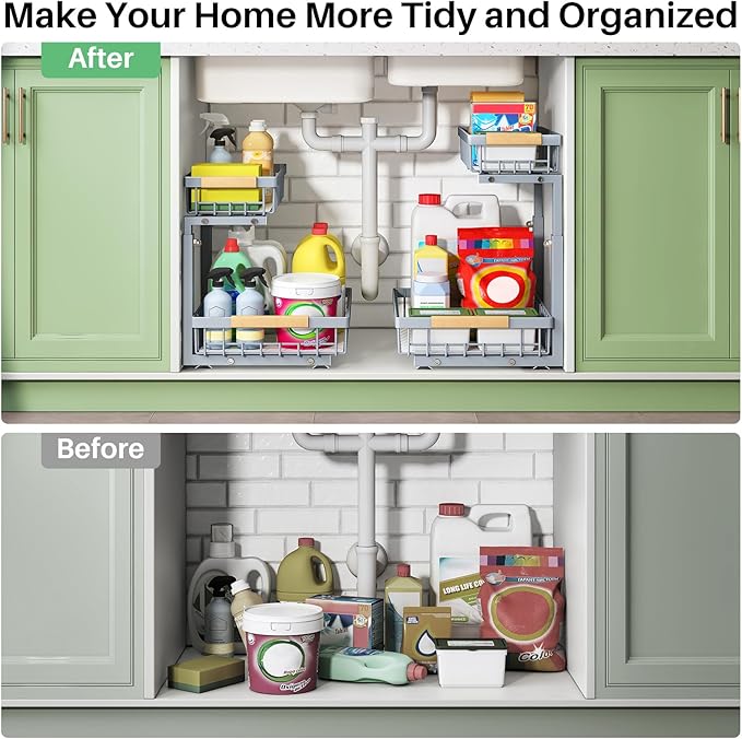 Under Sink Organizer, 2 Packs 2 Tier Under Sink Organizers and Storage, Slide out Pull out Cabinet Organizer Shelf, Metal Sliding Drawer for Kitchen Bathroom Pantry Closet Rack(Grey)