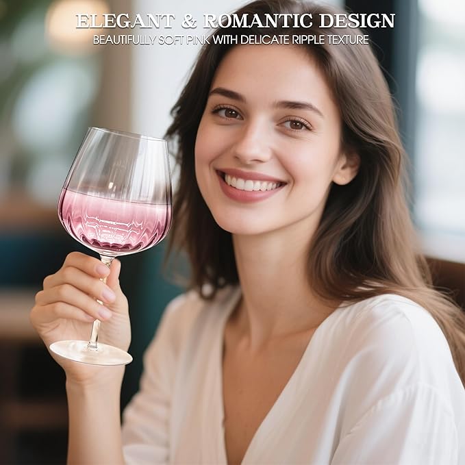 Pink Wine Glasses Set of 2, Birthday Gifts for Women, 21oz Large Wine Glasses, Colored Crystal Glassware, Unique Drinkware Gift for Friend, Mom, Wife, Wedding, Anniversary, Special Occasions