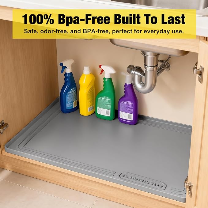 Under Sink Mat 28" X 19", Waterproof Silicone Under Sink Mats for Kitchen, Anti-Leak Shelf Liner & Cabinet Protector with Raised Edge, [BPA Free] Bathroom Tray Home Organizer, Grey