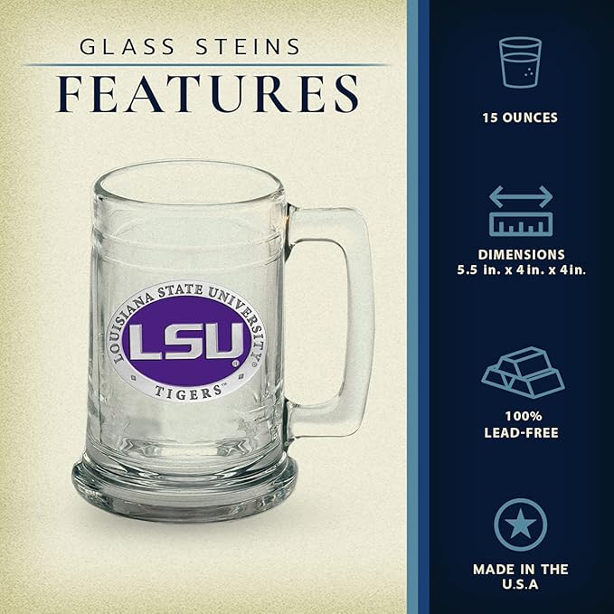 Heritage Pewter LSU Beer Stein Glass | 15 Ounce German-Style Beer Glass | Intricately Crafted Metal Pewter Alma Mater Inlay