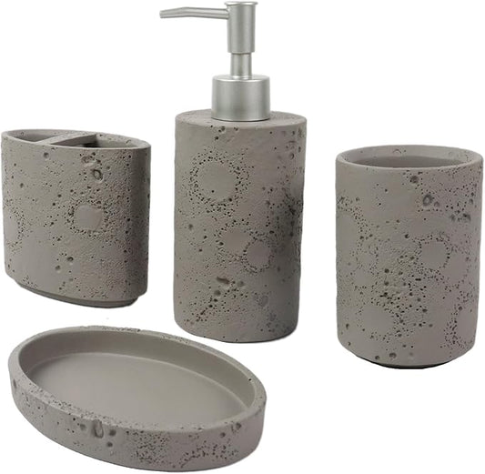 Hymmah Meteorites Bathroom Accessories Set,Farmhouse Bathroom Decor,4 Pcs Resin Gift Set Apartment Necessities, Contain Cotton Swab Jar,Soap Dispenser,Tumbler，Soap Dish/Tray