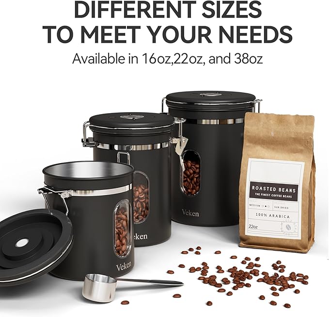 Veken Coffee Canister set with Window, Airtight Stainless Steel Kitchen Food Storage Container with Date Tracker and Scoop for Grounds Coffee, Beans, Tea, Flour, Cereal, Sugar, 22&16OZ,Black