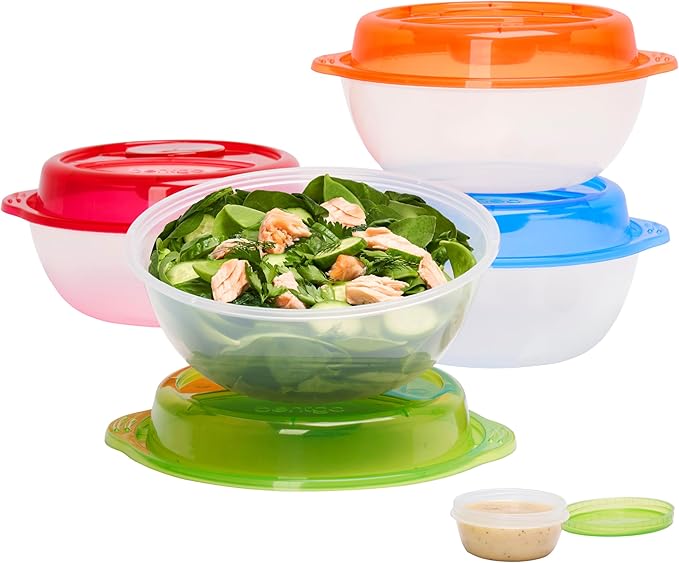 Bentgo Easyboxes Salad-to-Go Containers - 8-Piece Set: 4 Bowls, Leak-Proof Dressing Cups Built-In & 4 Fitted Lids Seal in Freshness; Reusable/BPA-Free for Salad, Pasta, & Cereal (Classic)