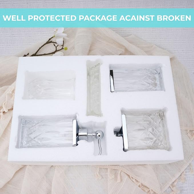 Bathroom Accessories Set,5 Pcs Clear Glass Bathroom Accessory Set,Complete Lotion Soap Dispenser,Toothbrush Holder, Soap Dish,Tumbler & Jar,Modern Bathroom Decor Sets,Gift for Home Apartment,Square