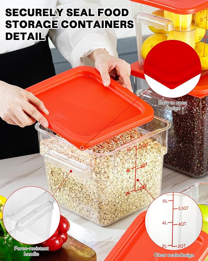 8QT NSF Food Storage Containers: 6PCS[Food Grade][Hot&Cold Resistant] Clear Food Storage Containers with Scales Handles for Home Restaurant Kitchen Storage Pizza Proof Dough, BPA Free (N2)